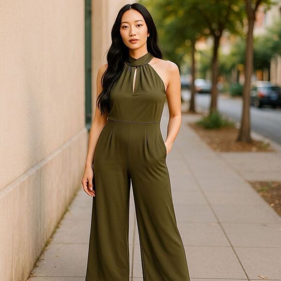 Nina Leonard Jumpsuit For Women Size Medium Wide Leg Olive Green Color With Zip - Picture 2 of 15